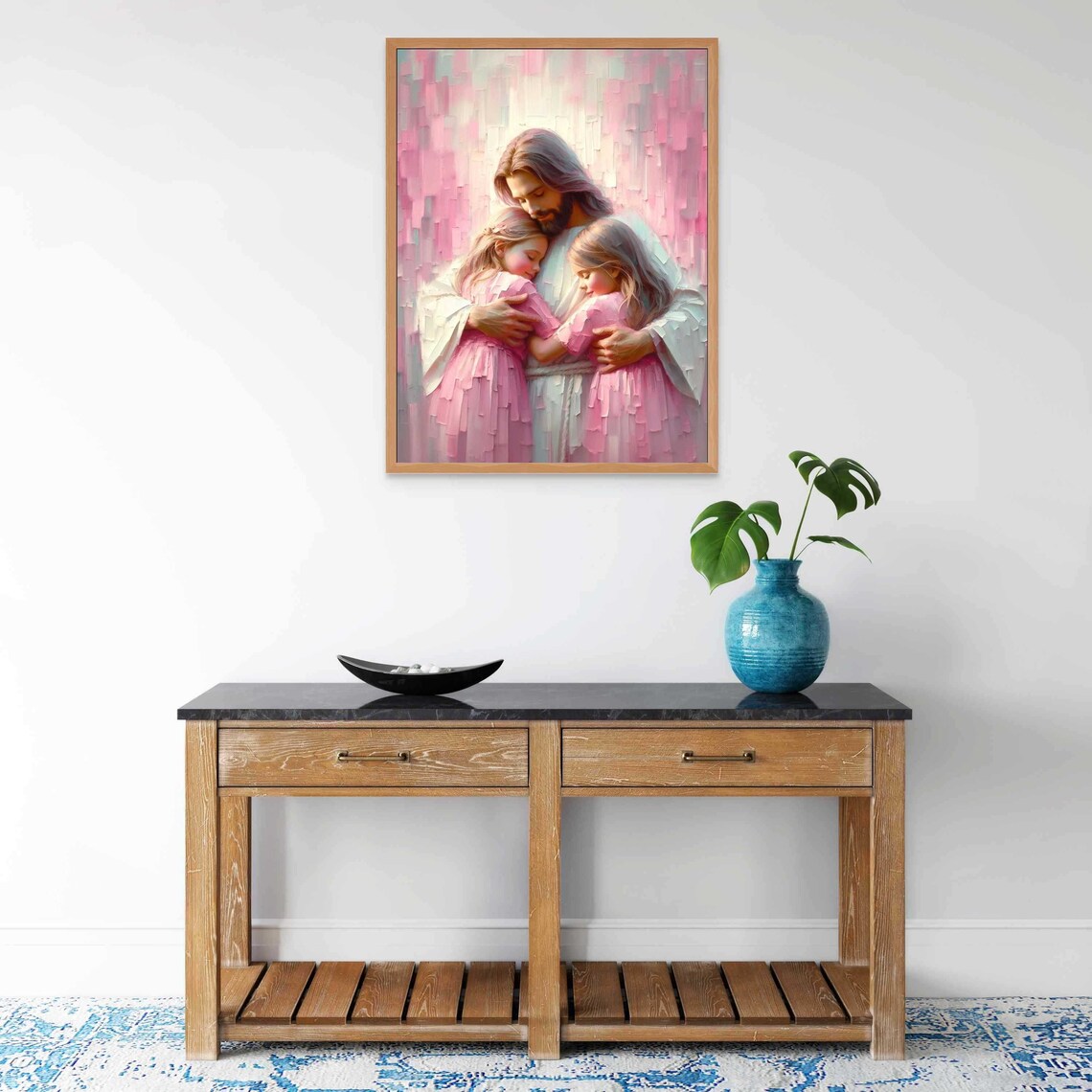 Jesus Hugging Two Little Girls in Soft Pink Impasto Christian Poster - Image 7