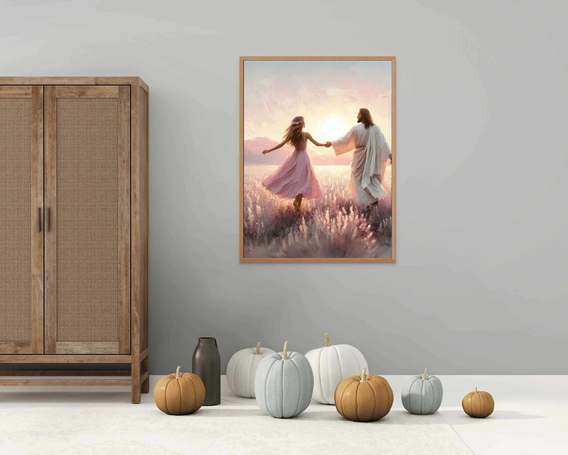 Jesus Holding Hands With Girl Lavender Field Sunset Walk Christian Print - Image 3