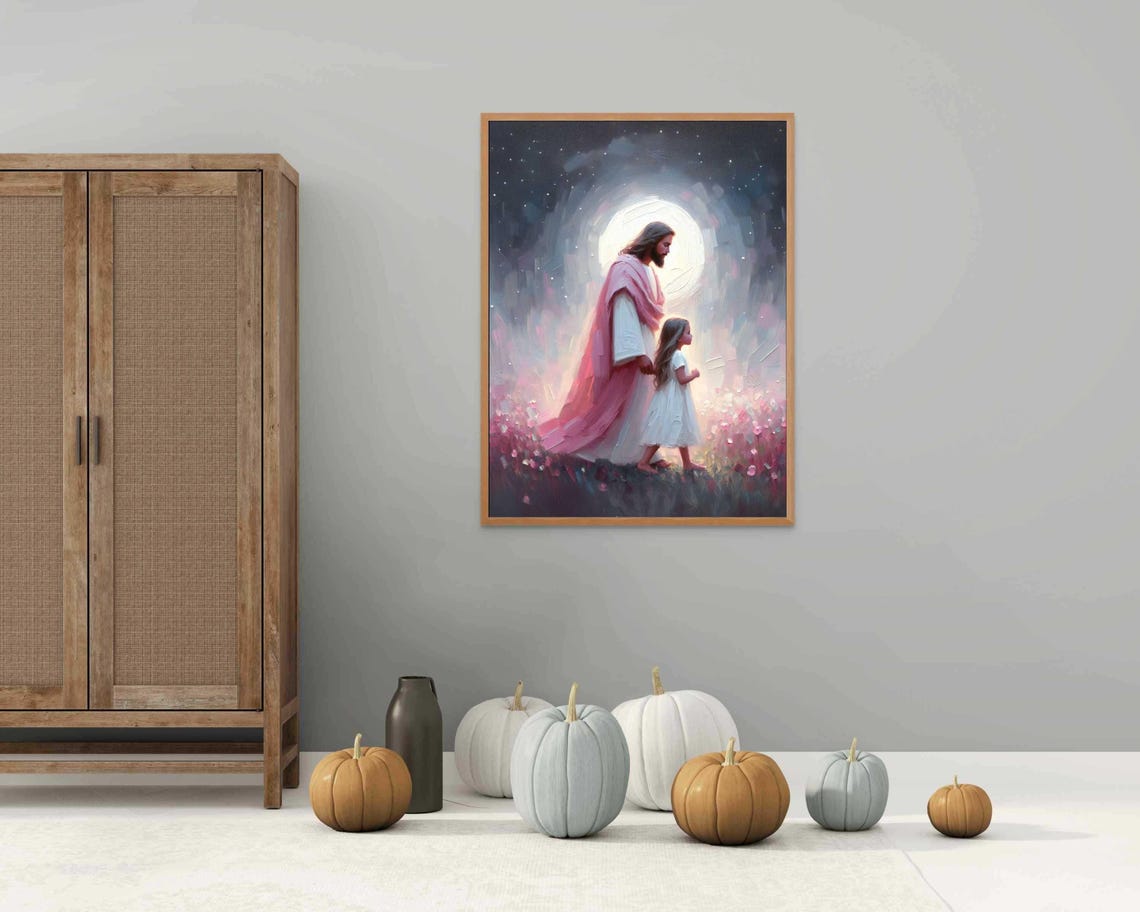 Jesus Walking With Girl Under Calm Full Moon Night Art Poster - Image 4