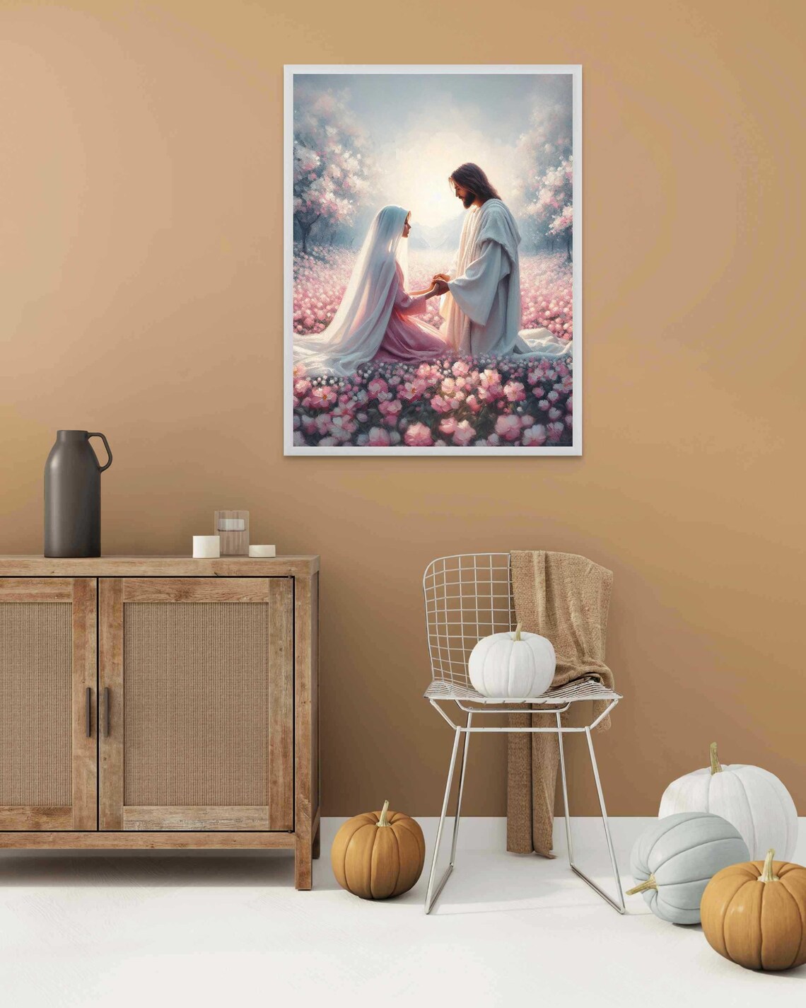 Jesus Holding Hands Veiled Woman Pink Flower Field Tender Christian Print - Image 2