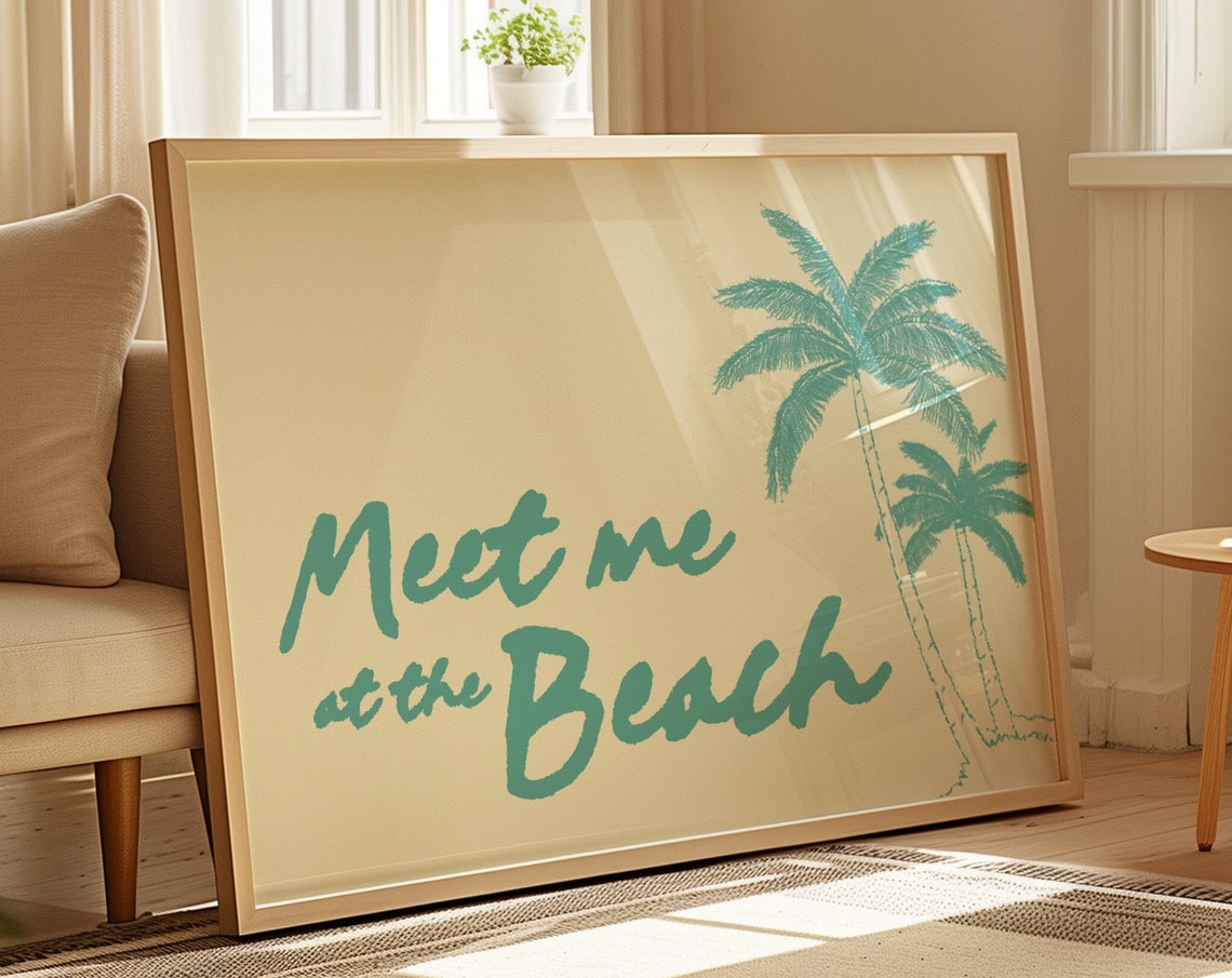 Meet Me At The Beach Teal Palm Tree Script Coastal Art Poster