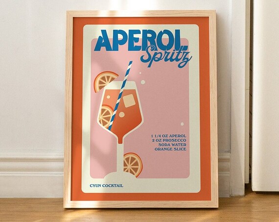 Aperol Spritz Retro Cocktail Recipe Terracotta Bar Wall Poster