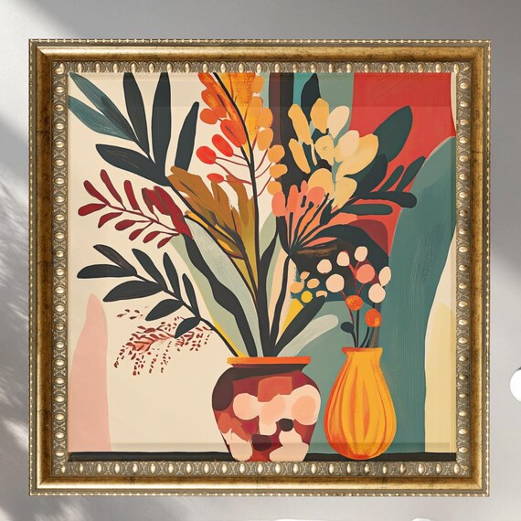 Colorful Abstract Floral Bouquet Vases Mid Century Modern Wall Art