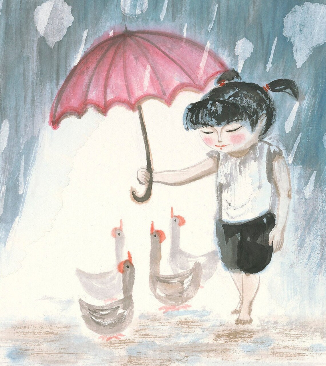 Girl and Geese Chinese Painting Wall Art Print - Image 4
