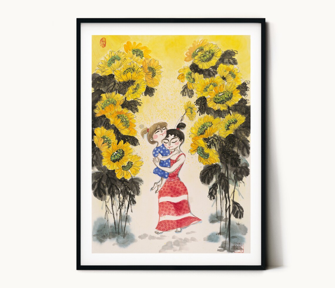 Mom and Daughter Sun Flowers, Chinese Painting Art Print