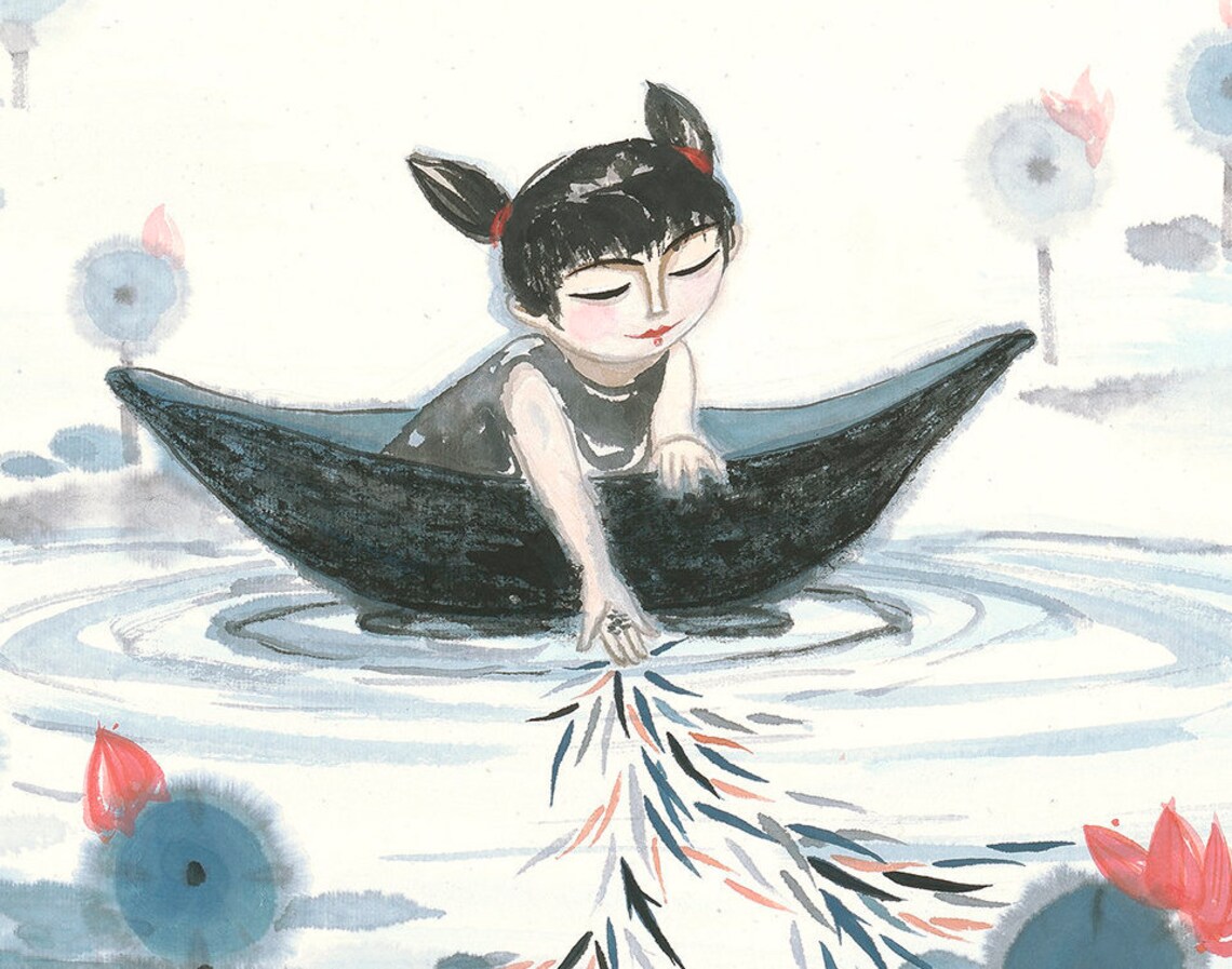 Girl Boat Waterlily Chinese Painting Art Print - Image 4