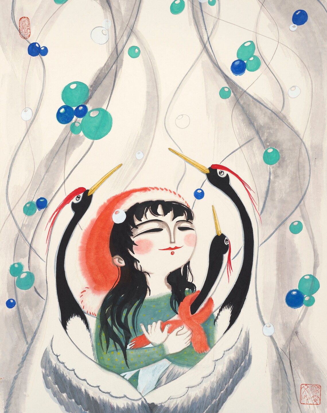 Girl and Cranes Chinese Ink Painting Art Print
