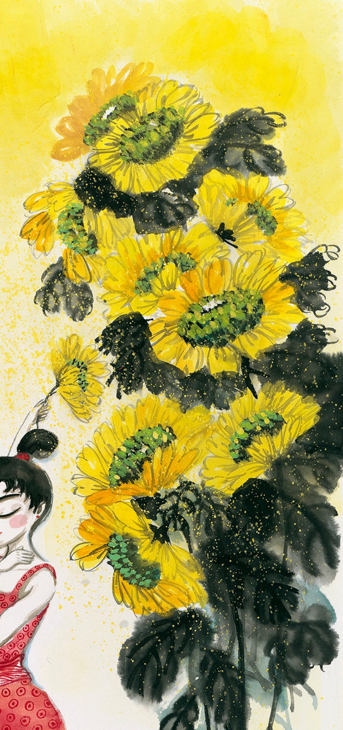 Mom and Daughter Sun Flowers, Chinese Painting Art Print - Image 2