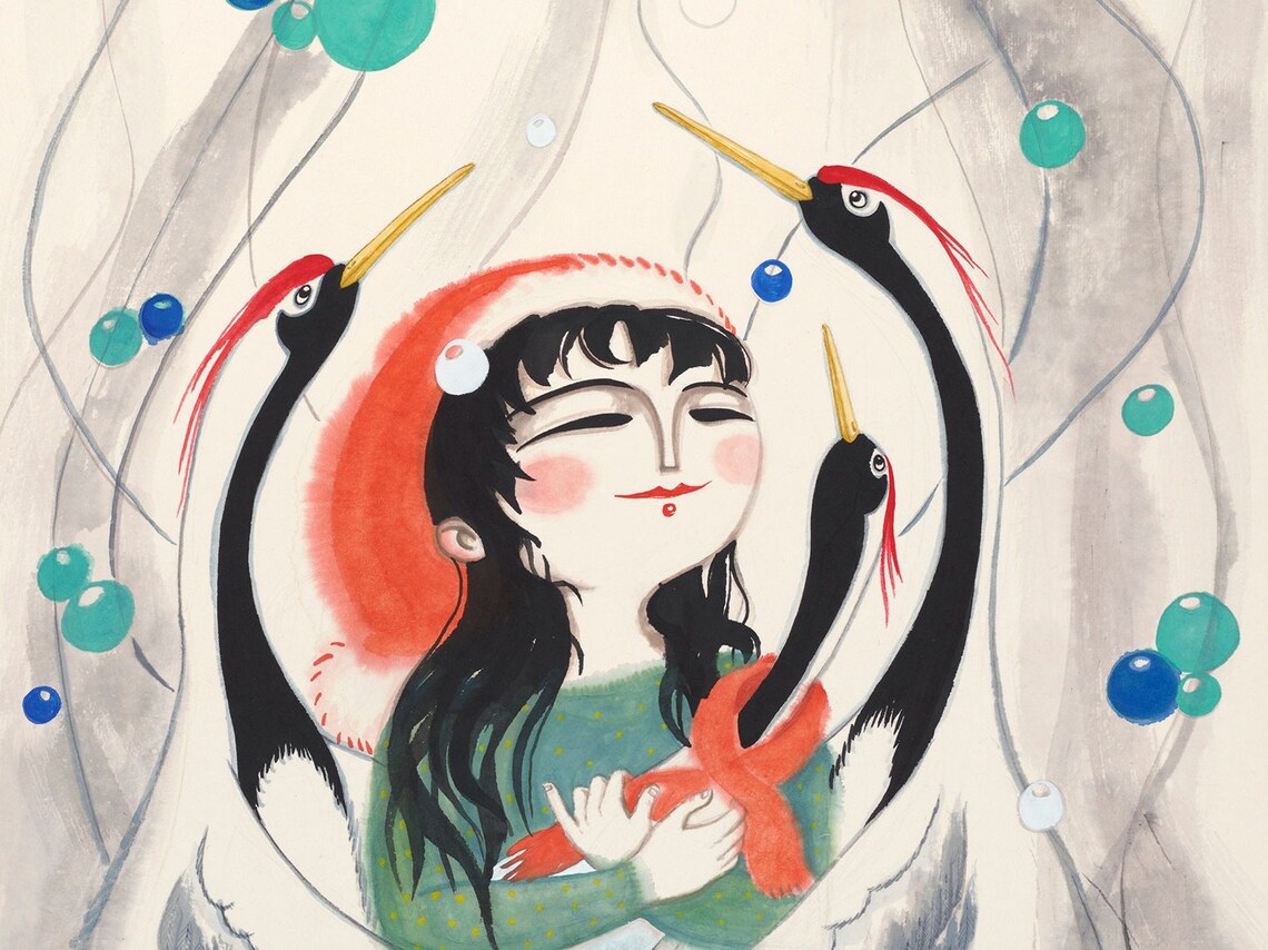 Girl and Cranes Chinese Ink Painting Art Print - Image 3