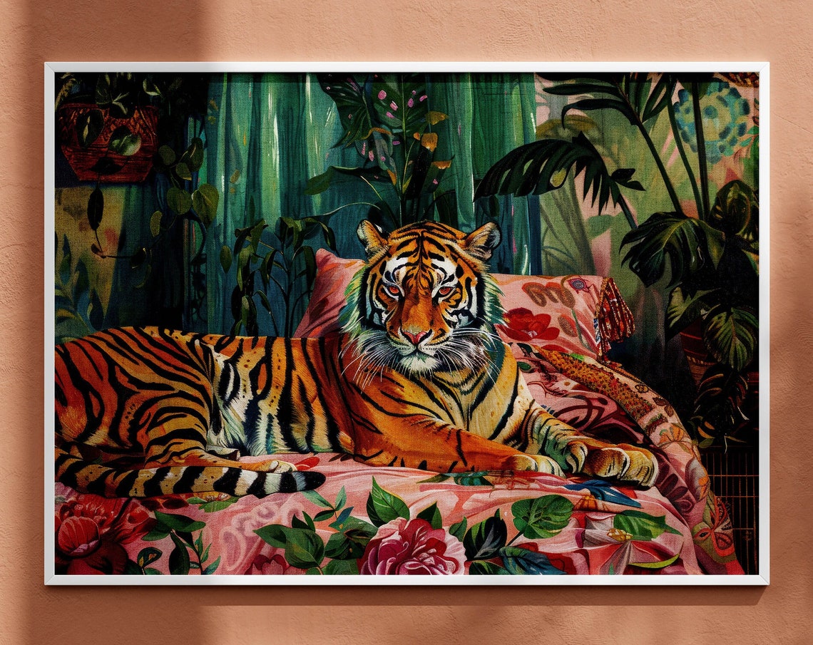 Tiger Lounging on Floral Sofa Jungle Maximalist Tropical Eclectic Wall Art