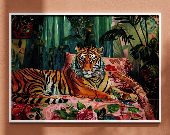 Tiger Lounging on Floral Sofa Jungle Maximalist Tropical Eclectic Wall Art