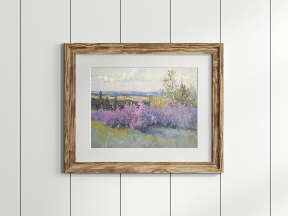 Flower Field Poster Oil Painting Country Landscape Painting Spring Meadow Painting Lilac Field Wall Art Soft Palette Painting - Image 3