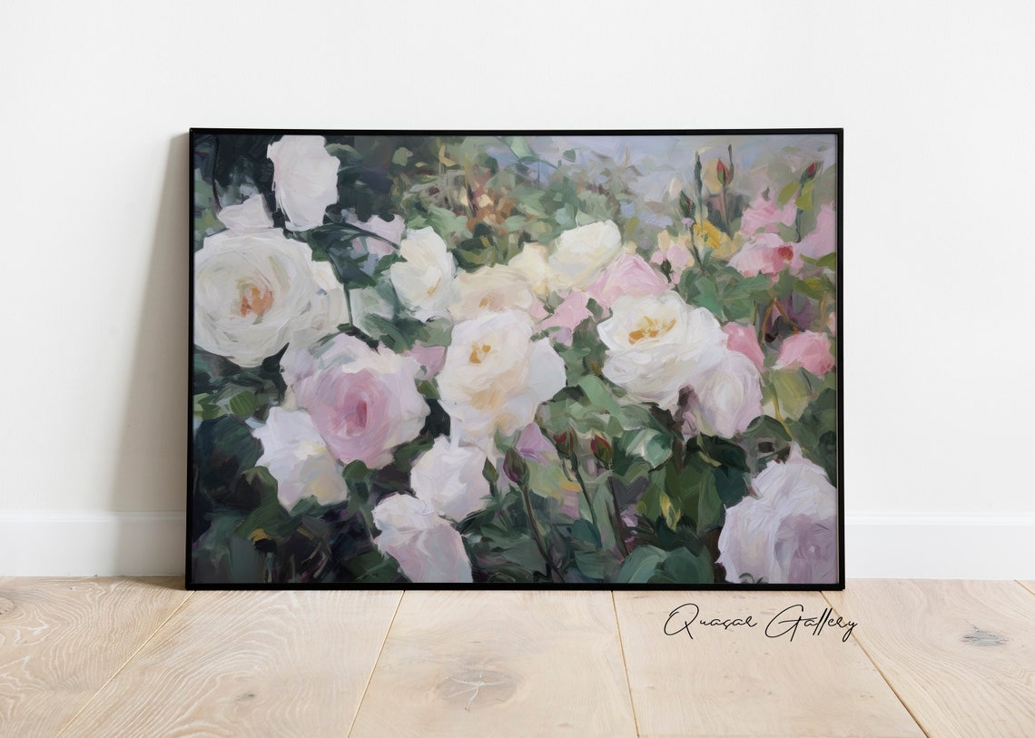 Hand Painted Oil Painting Moody Botanical Art Teen Girl Room Wall Art Floral Painting White Roses Oil Painting White Roses - Image 2