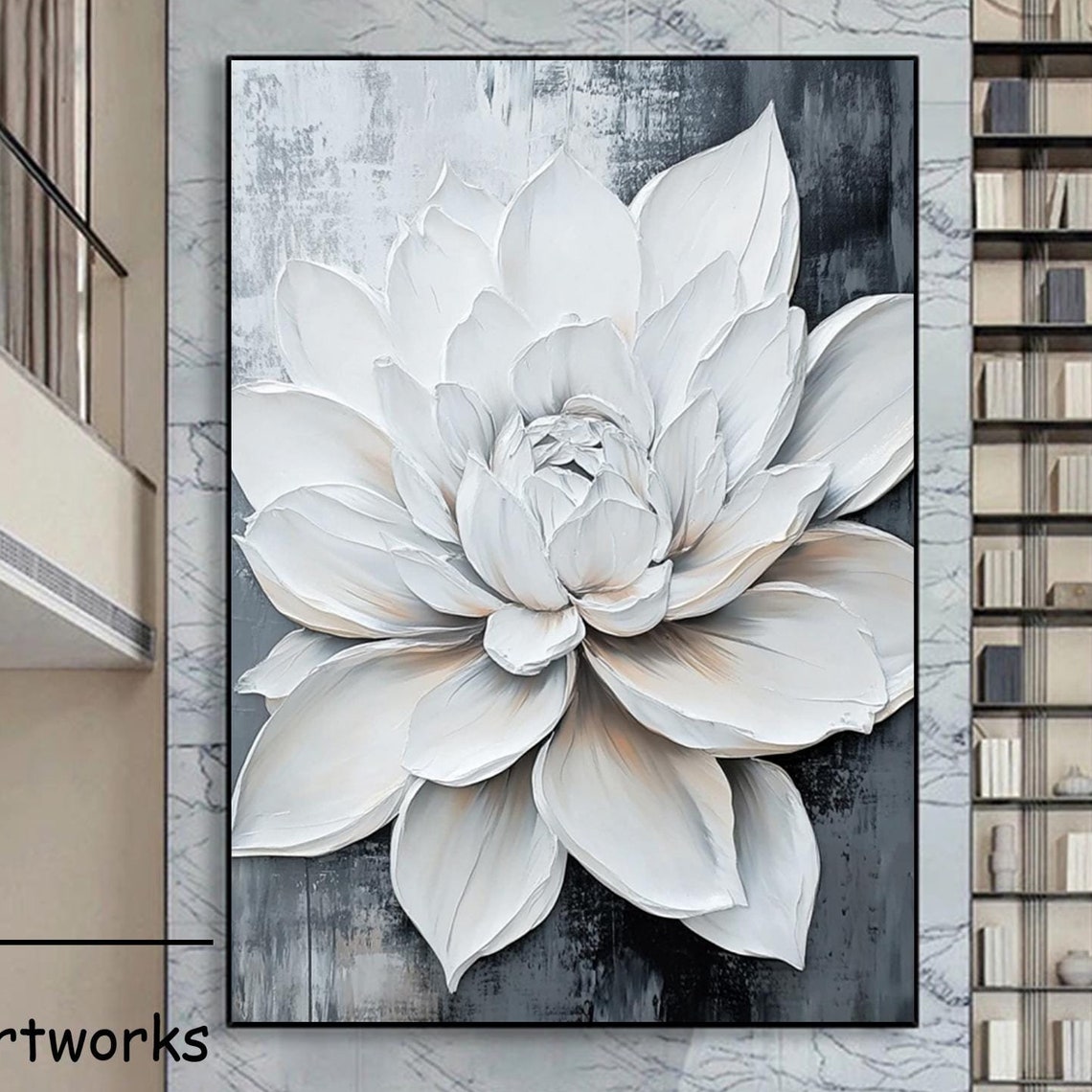 White Blossom Impasto Texture On Dark Gray Floral Art Poster