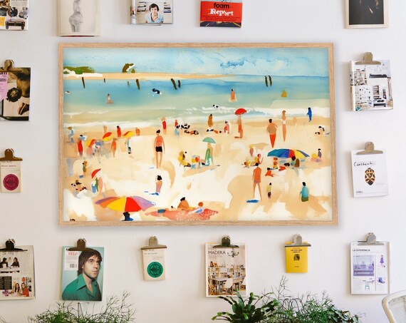 Sunny Beach Crowd Watercolor Umbrellas Coastal Summer Scene Poster