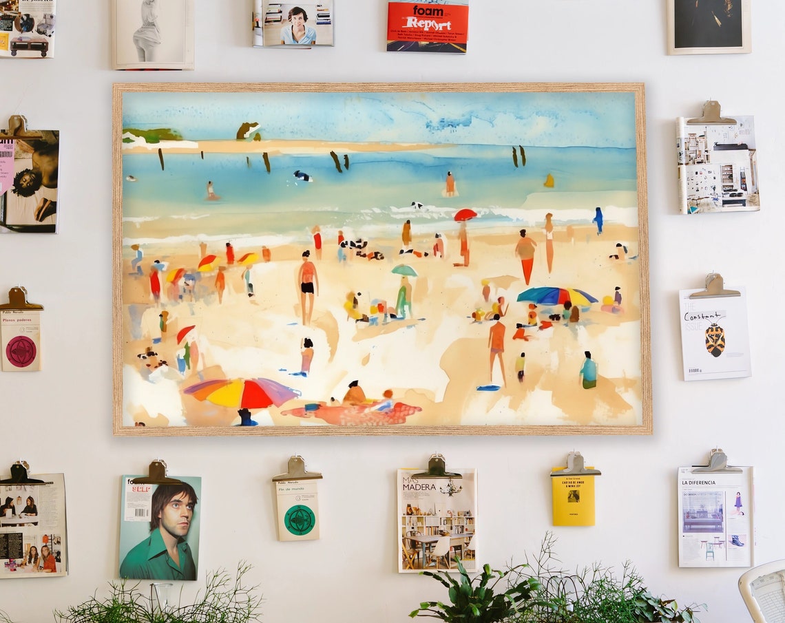 Sunny Beach Crowd Watercolor Umbrellas Coastal Summer Scene Poster