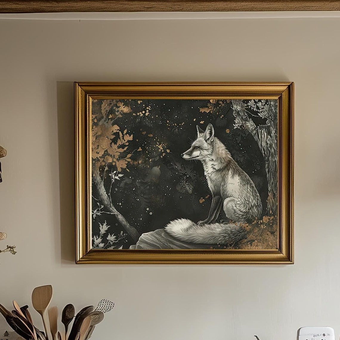 White Fox Sitting On A Rock Monochrome Gold Accents Art Poster