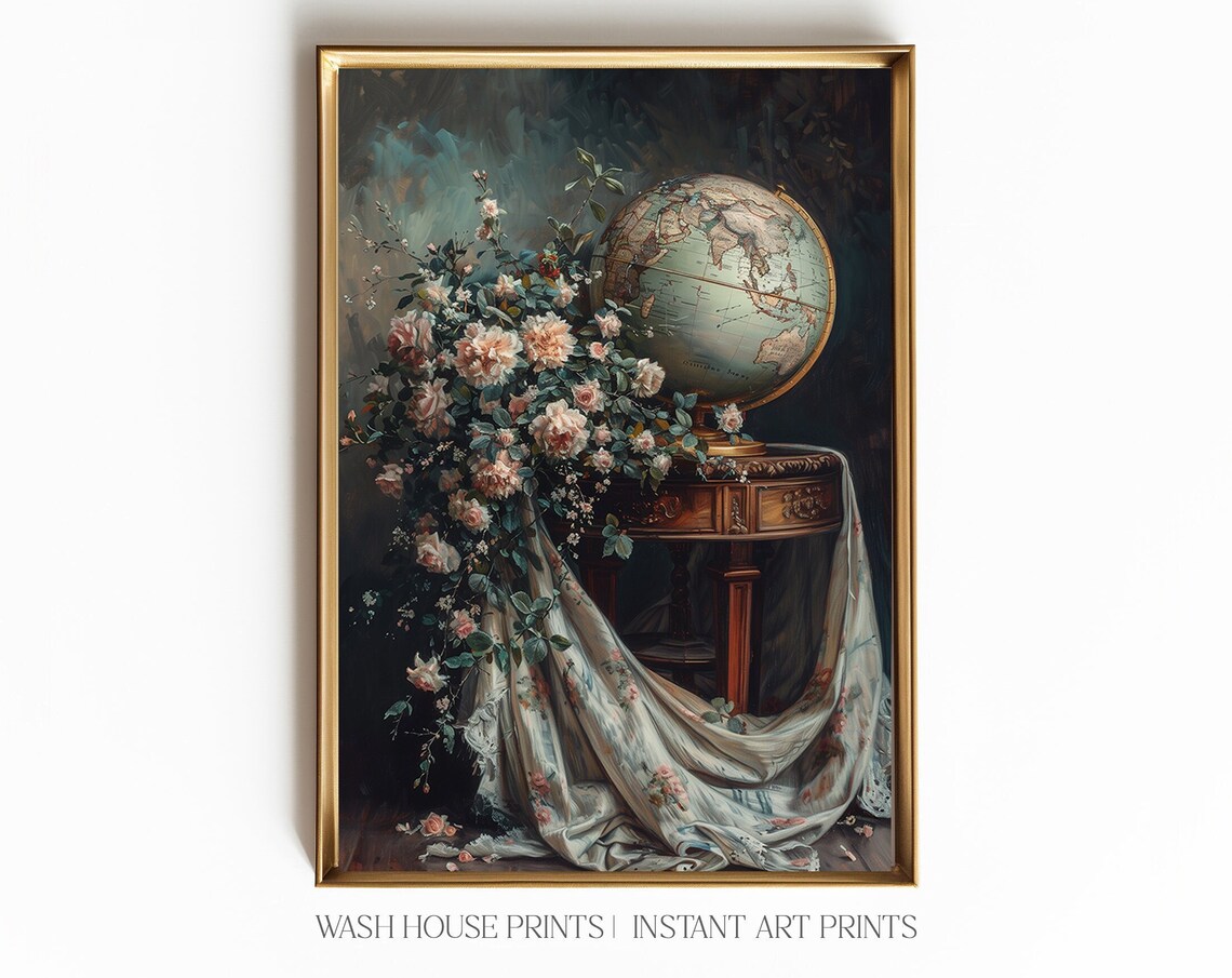 Vintage Globe And Pink Roses On Wooden Table Dark Still Life Poster