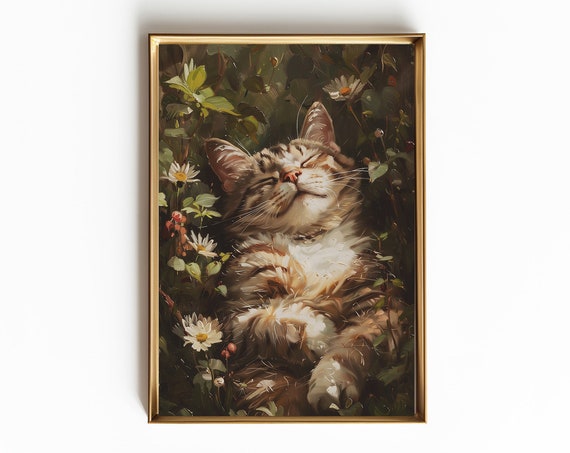 Sleeping Cat in Flower Garden, Farmhouse Kitchen Art Print