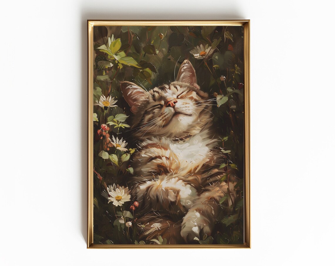 Sleeping Cat in Flower Garden, Farmhouse Kitchen Art Print