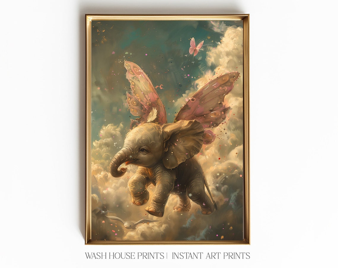 Baby Elephant Print Fairy Elephant Baby Jungle Animal Decor For Nursery Fairy Wall Art For Nursery Little Girl Room Butterfly Art
