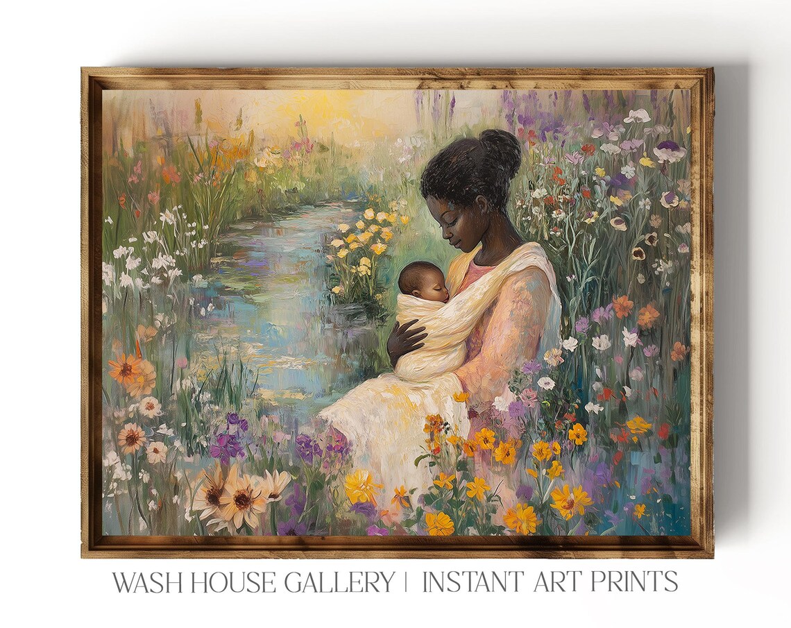 Mother and Baby by a Wildflower Stream in Vibrant Bloom Poster