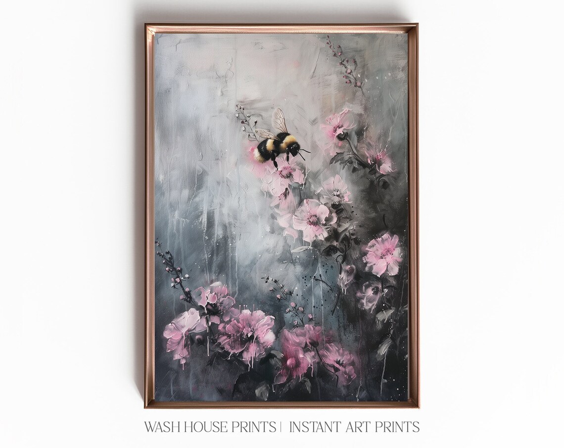 Bumblebee On Soft Pink Blossoms Against Moody Grey Floral Print
