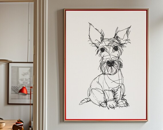 Scottish Terrier Wall Art Scottie Poster Print Minimal Line Drawing Ugly Cute Pet Portrait Mid Century Modern Gift Dog Owner