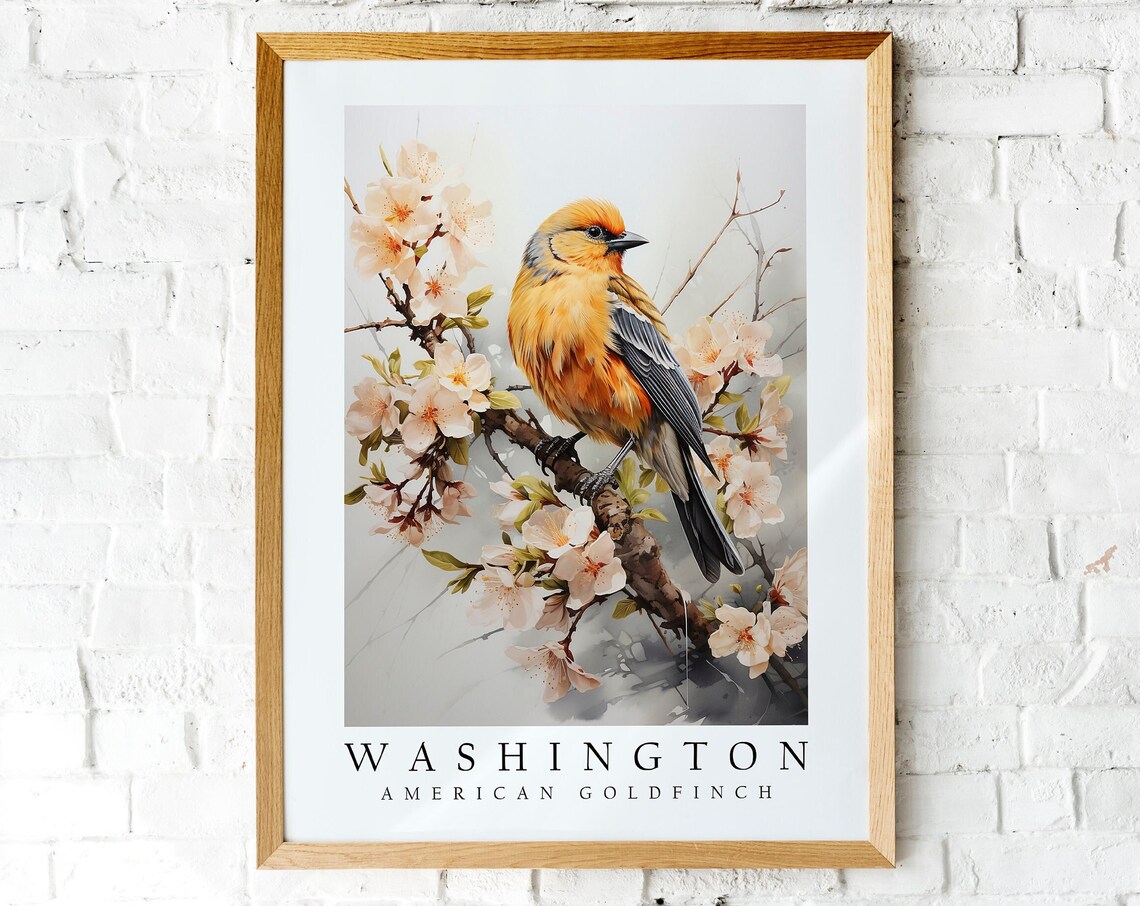 American Goldfinch Watercolor Washington State Bird Botanical Print