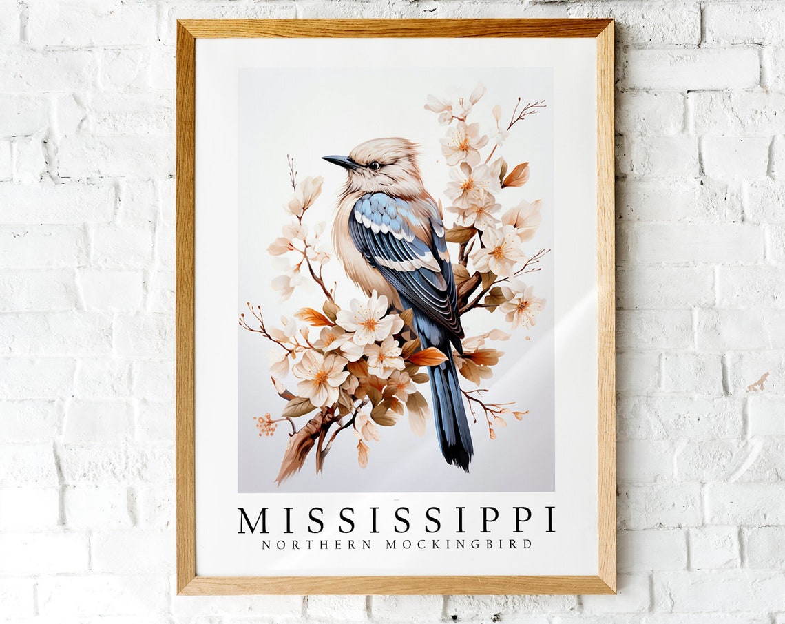 Mississippi Northern Mockingbird Blossom Branch Bird Art Poster