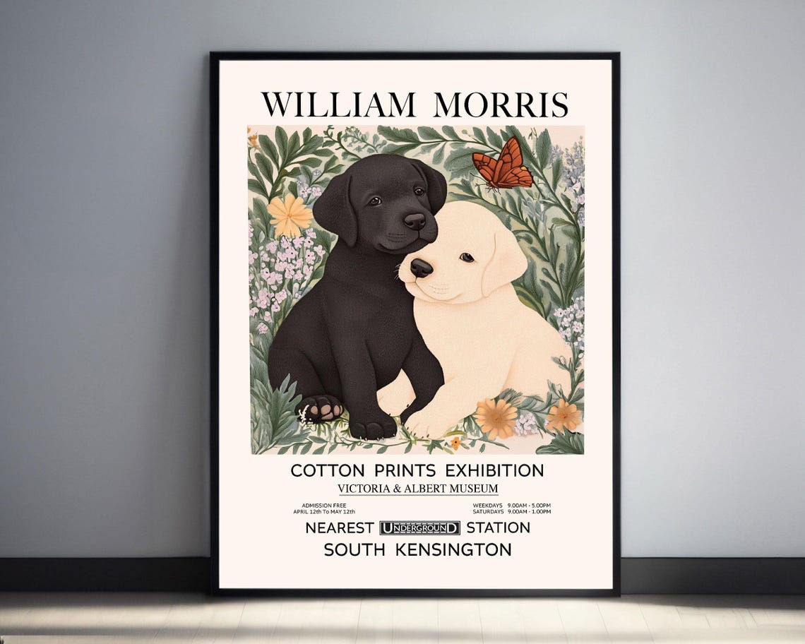 William Morris Black And Cream Labrador Puppies Exhibition Poster