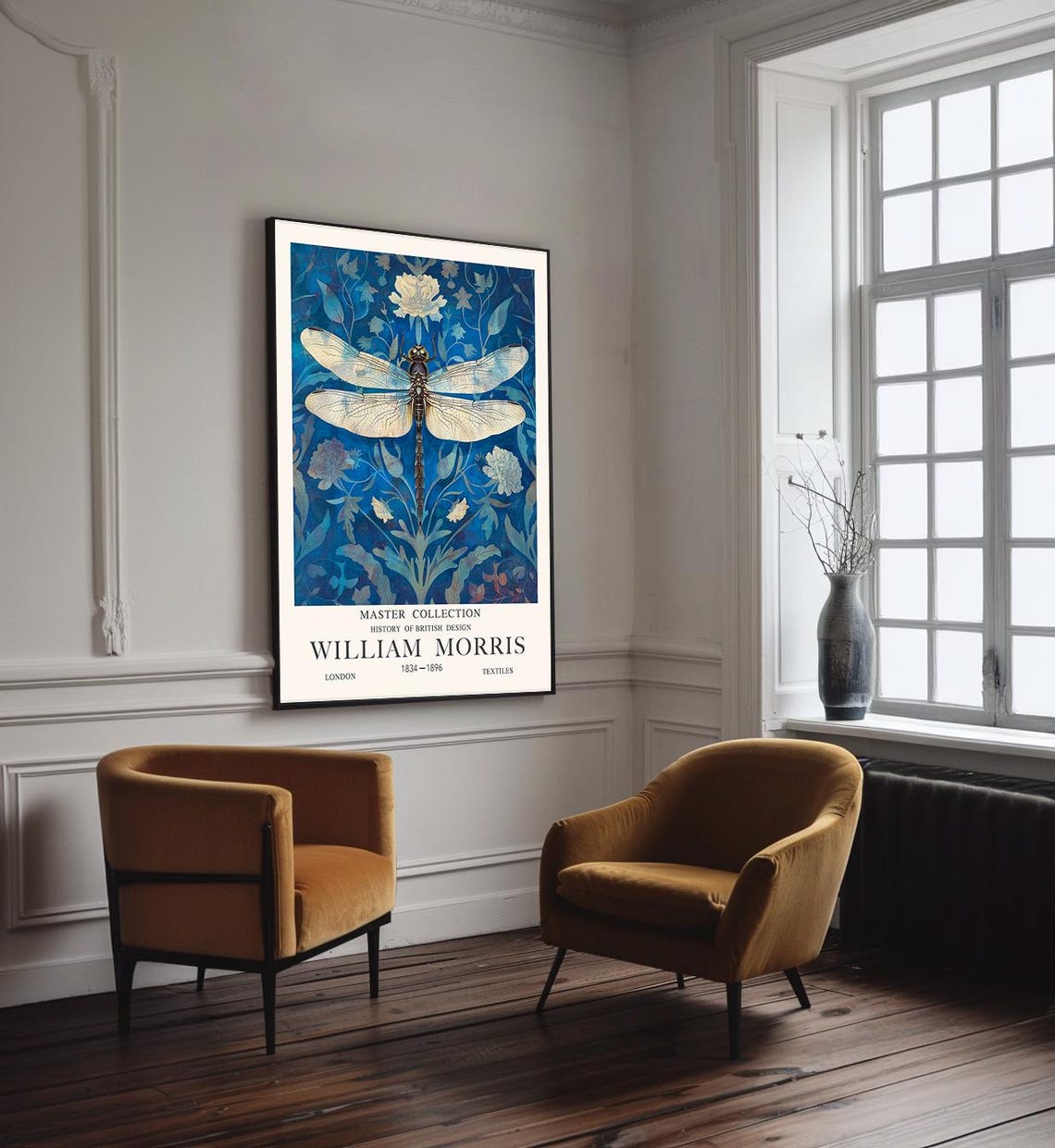 William Morris Dragonfly Deep Blue Floral British Design Poster - Image 2