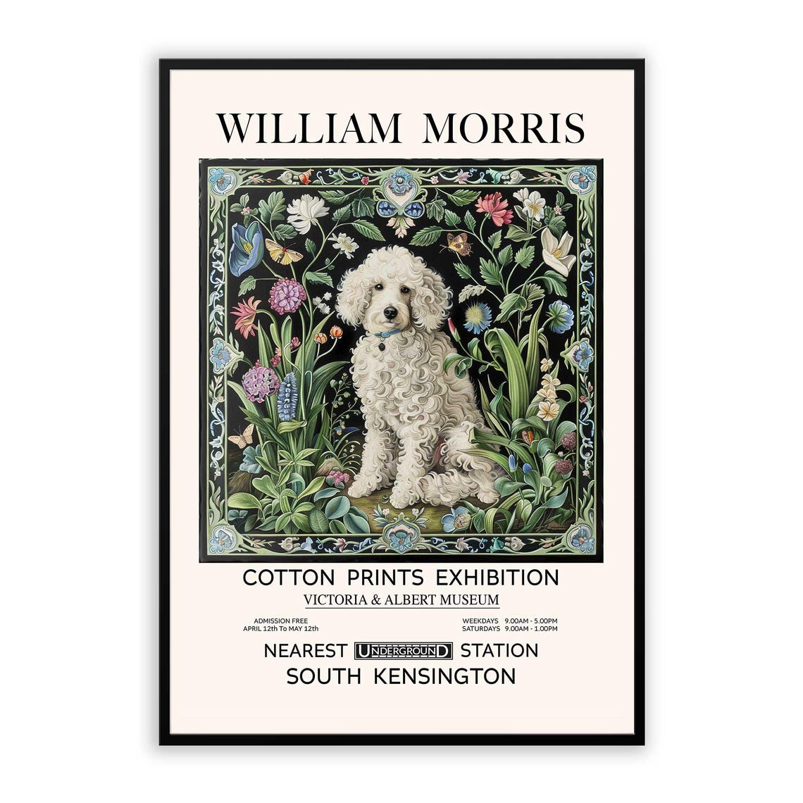 William Morris White Poodle Dark Floral Exhibition Vintage Poster - Image 2