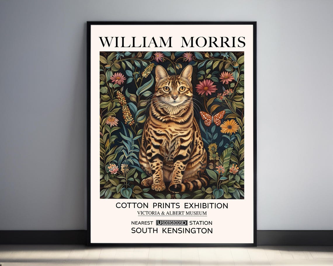 William Morris Spotted Bengal Cat Floral Garden Exhibition Poster
