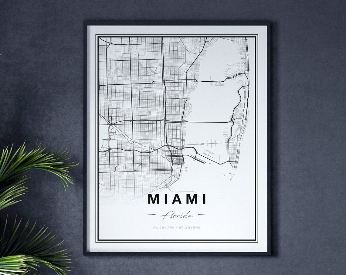 Miami Florida Minimalist Black and White City Street Map Poster