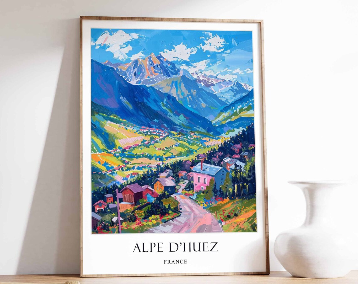 Alpe d'Huez France Colorful Alpine Village Mountain Travel Poster