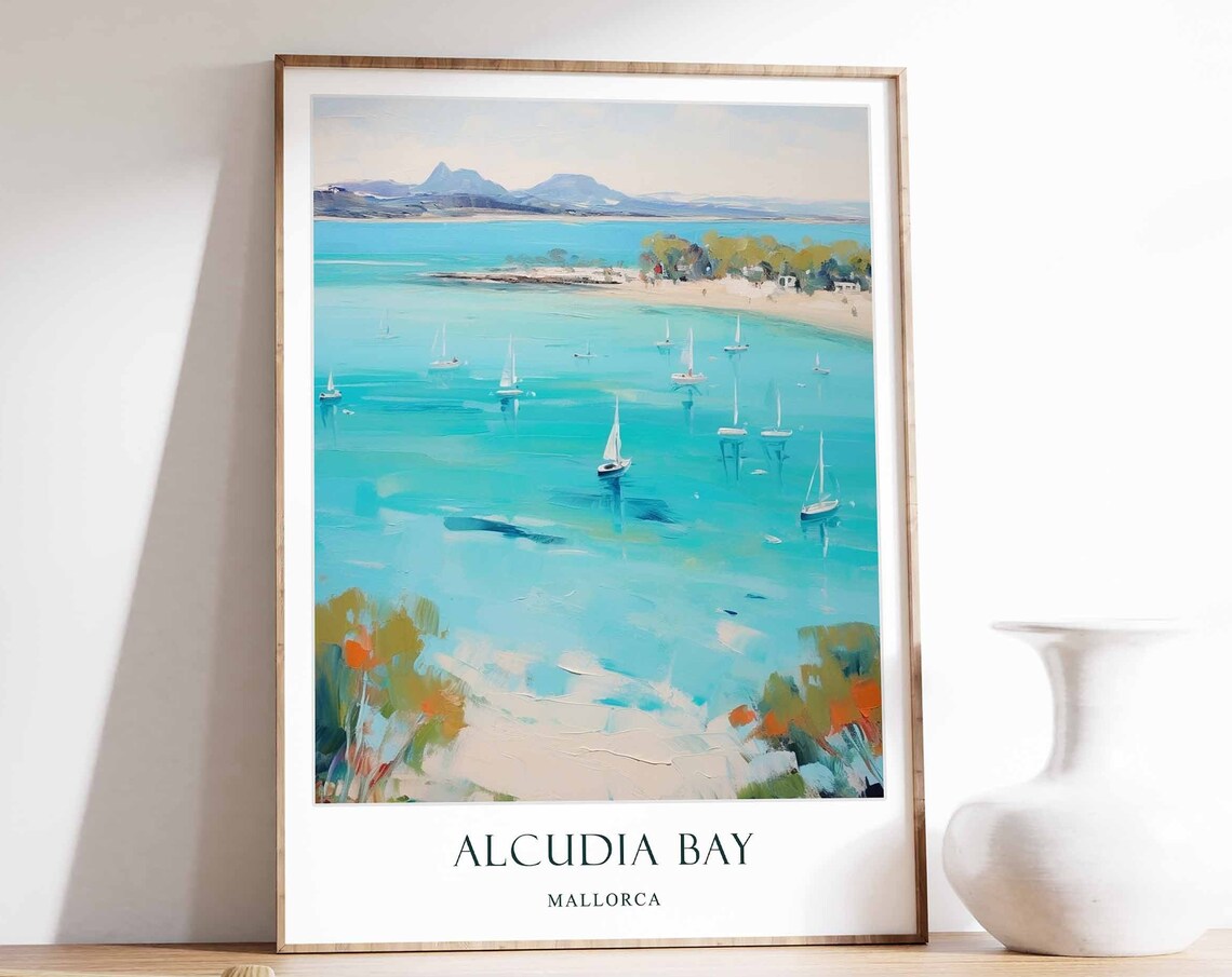 Alcudia Bay Mallorca Turquoise Sailboat Beach Travel Art Poster
