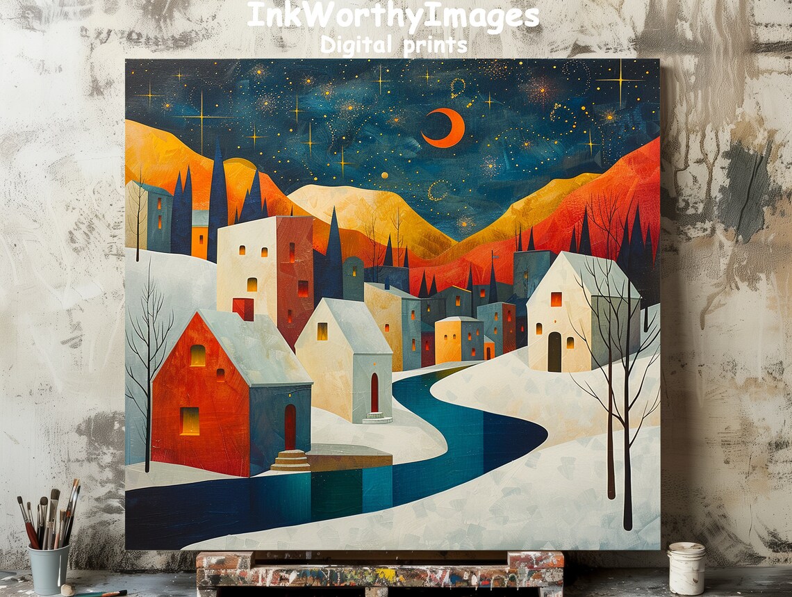 Starry Night Village, Whimsical Winter Townscape Art Print