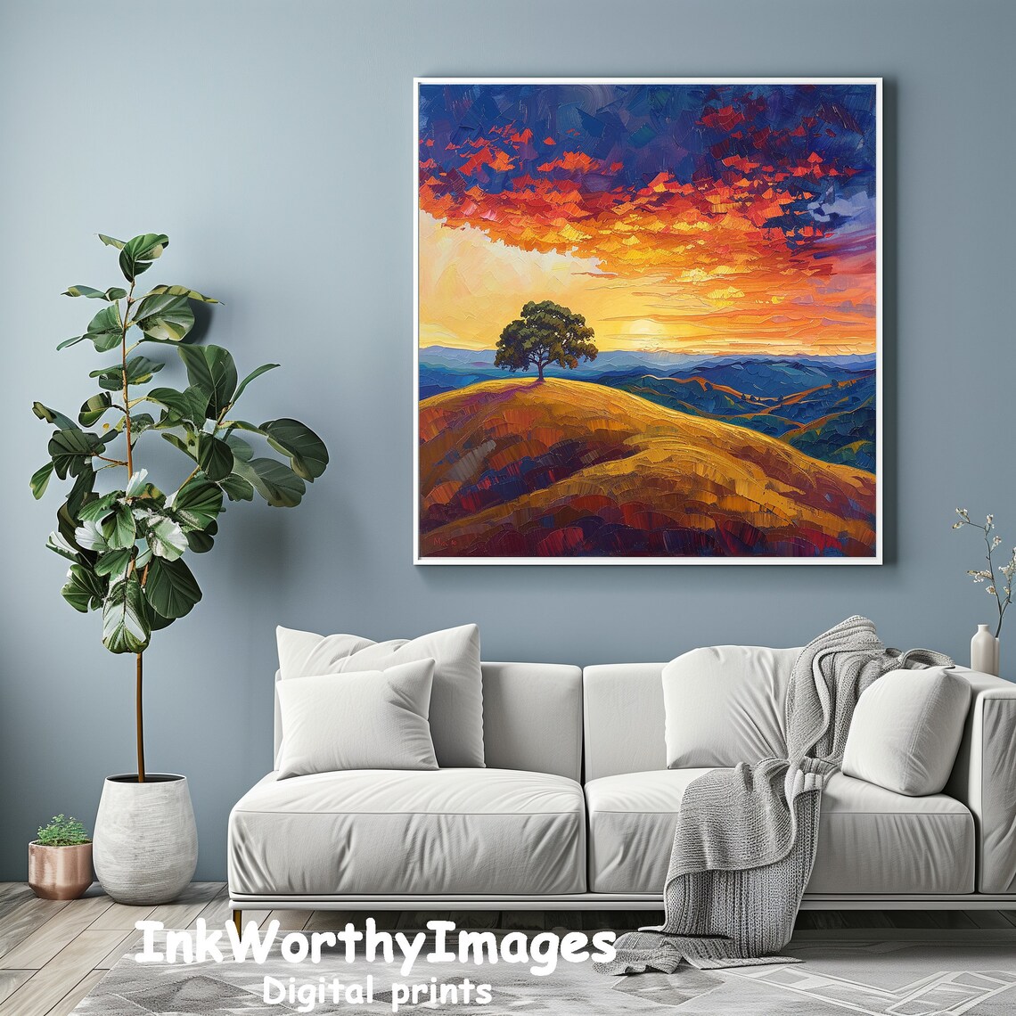 Vibrant Sunset Landscape, Colorful Tree Hill - Image 4