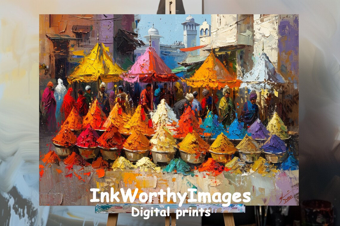 Indian Spice Market, Vibrant Street Scene Art Print