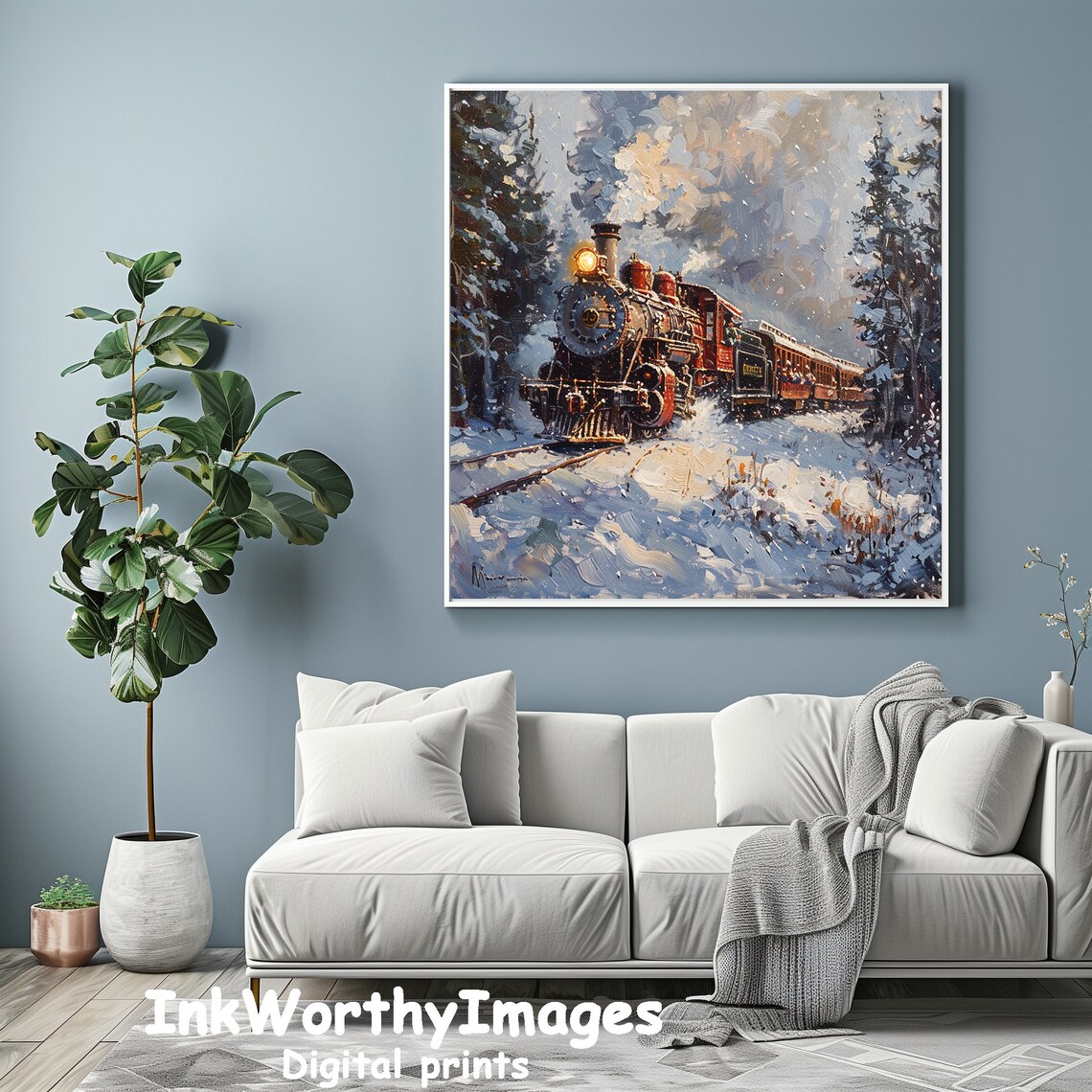 Winter Train Scene, Vintage Steam Locomotive Decor - Image 2