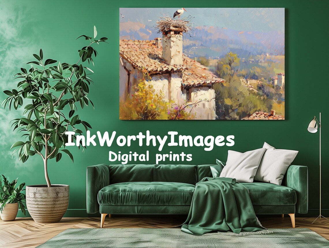 Charming Stork Nest Painting, Rustic Mediterranean Scene - Image 2
