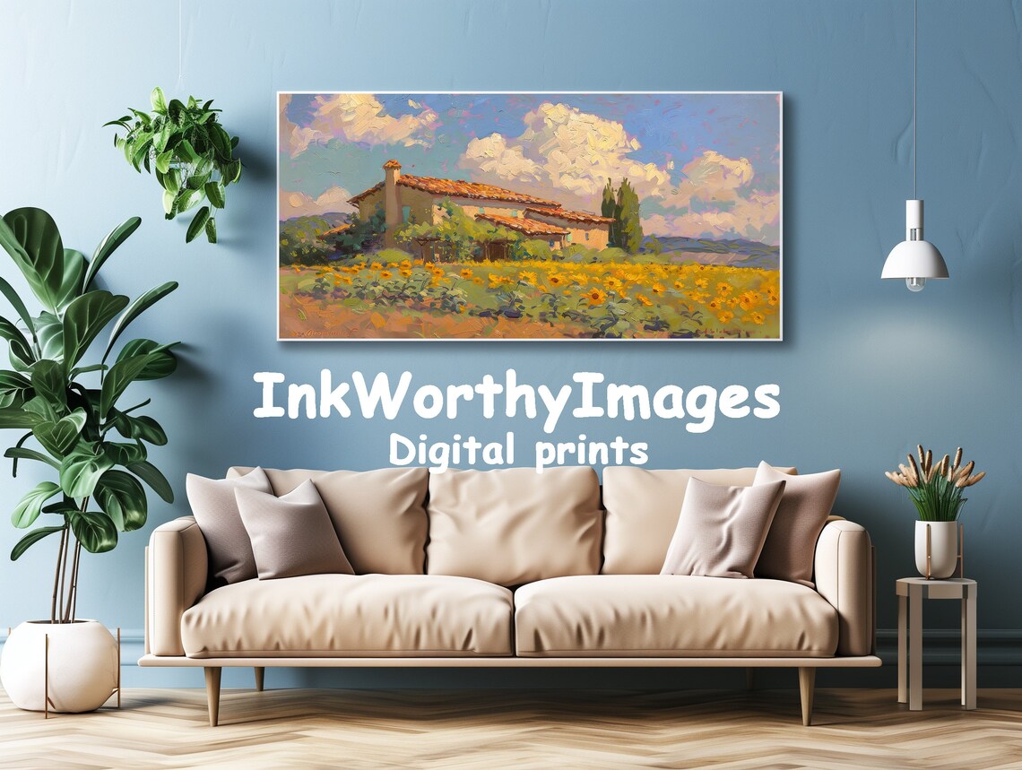 Sunflower Field Cottage, Rustic Landscape Painting - Image 4