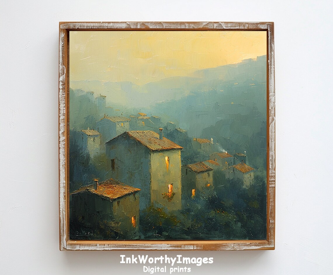 Misty Village Sunrise Art Print, Rustic Landscape - Image 6