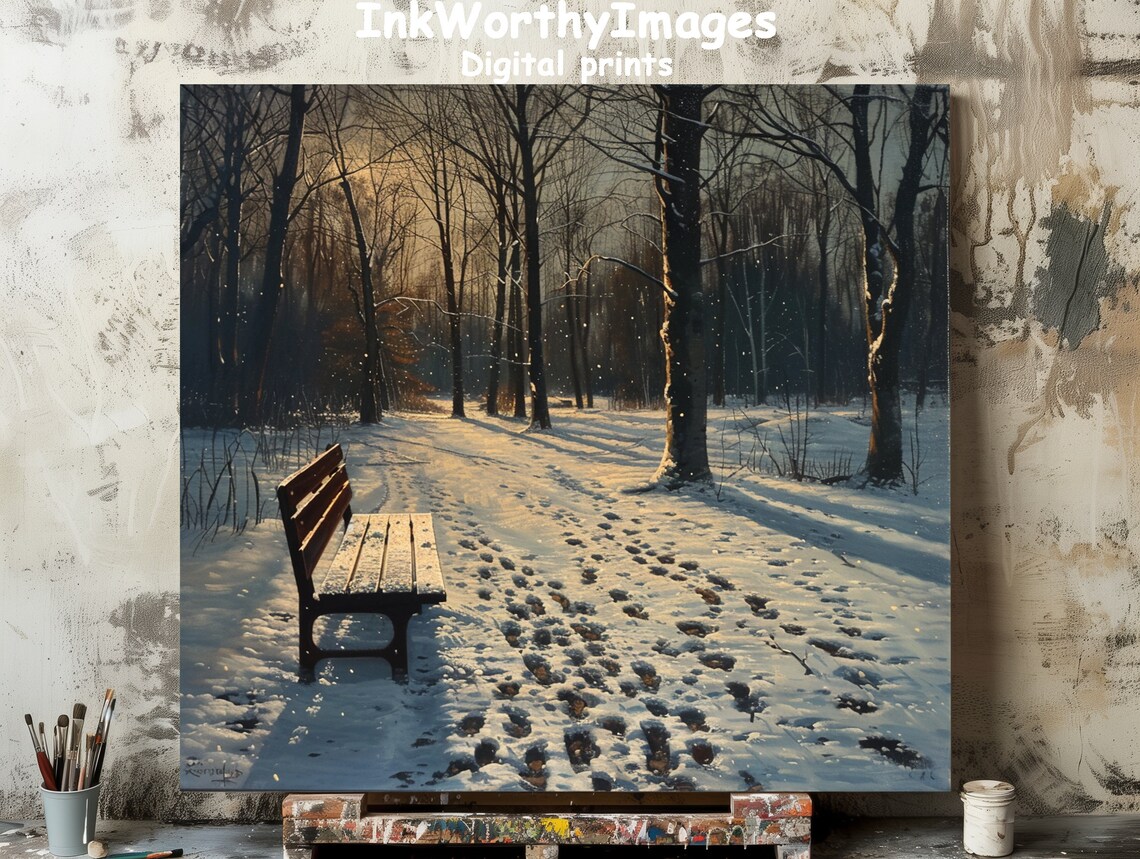 Winter Park Bench, Snowy Forest Path Art Print