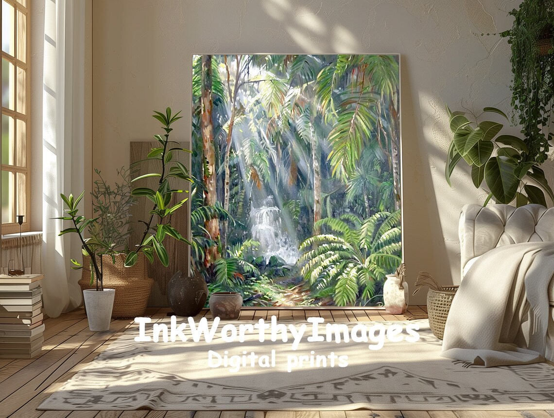 Sunlit Tropical Jungle Waterfall, Rainforest Art Print - Image 5
