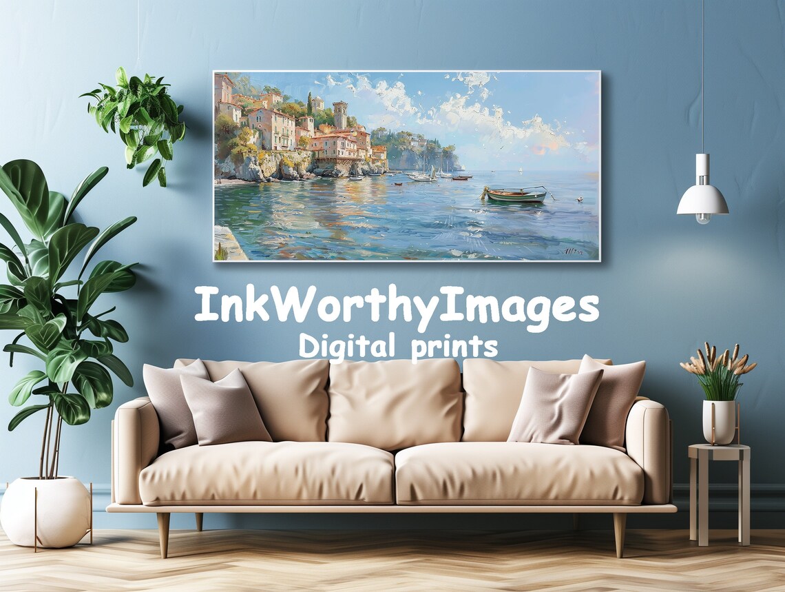 Mediterranean Coastal Village, Serene Harbor View Art Print - Image 4