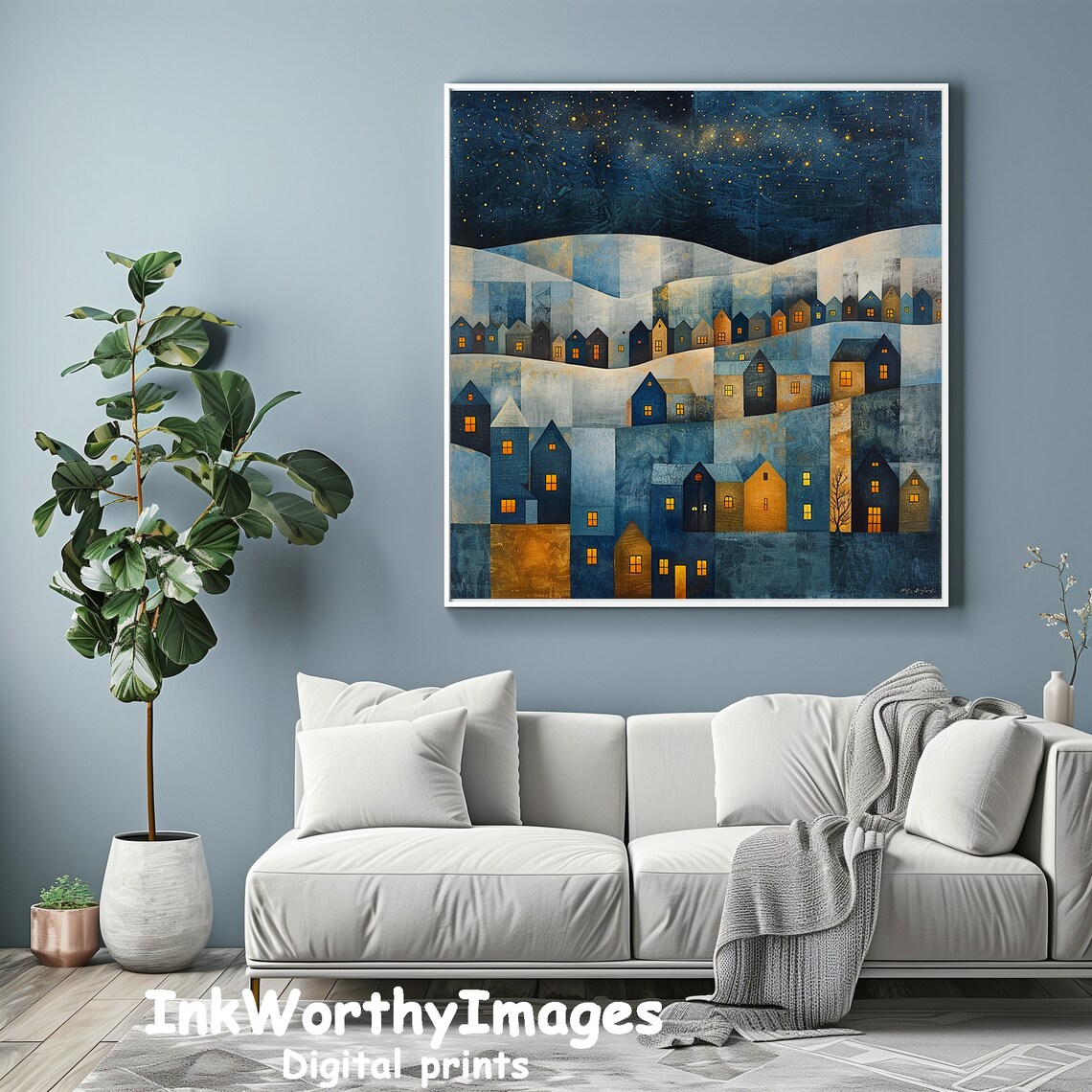 Starlit Village Night Art Print, Whimsical Townscape - Image 2
