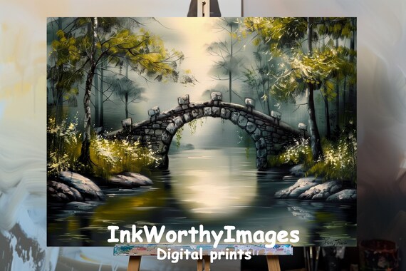 Mystical Stone Bridge, Tranquil Forest Stream Scene