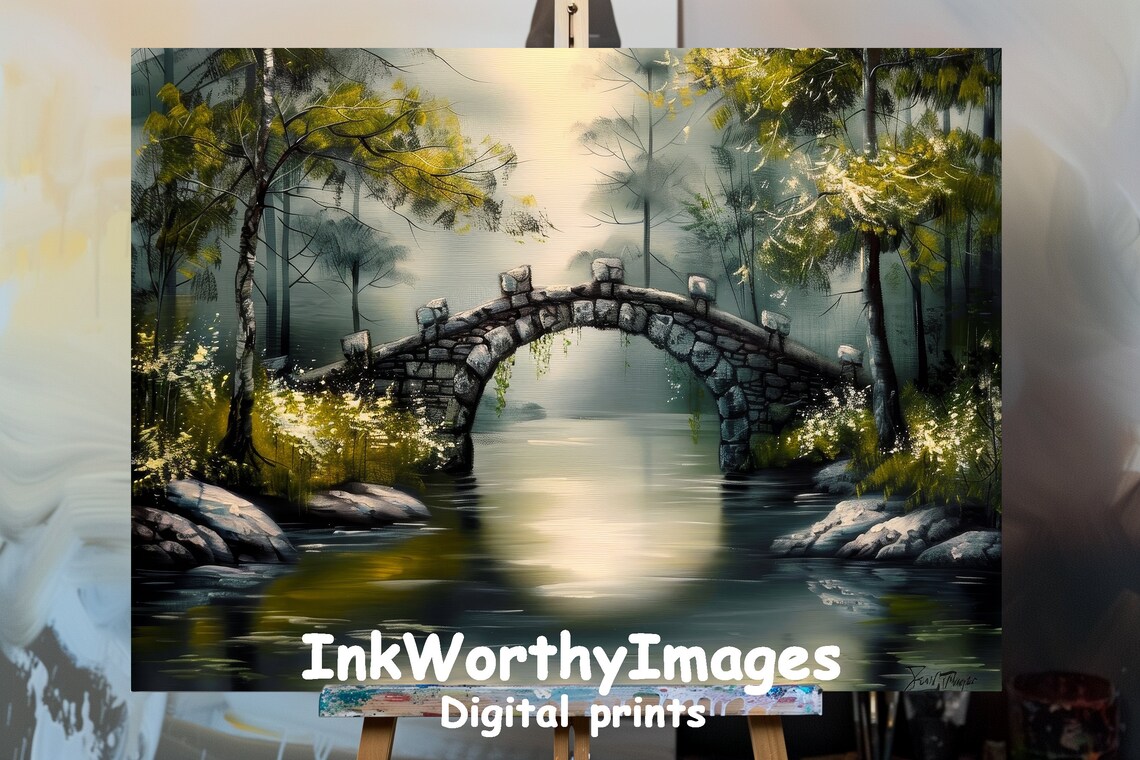 Mystical Stone Bridge, Tranquil Forest Stream Scene